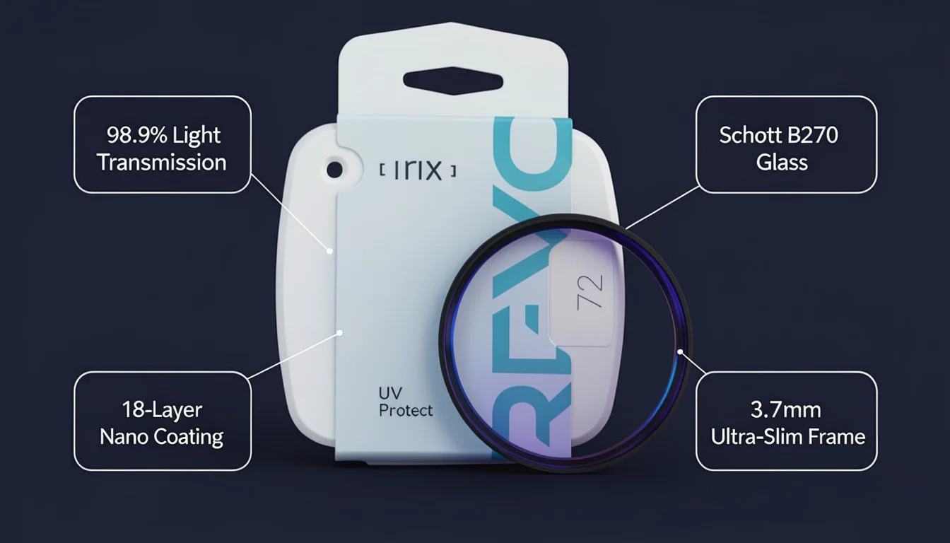 Irix Revo UV Protect - 98,9% transmisji, szkło Schott B270, 18 warstw nano-powłok, ramka 3,7mm